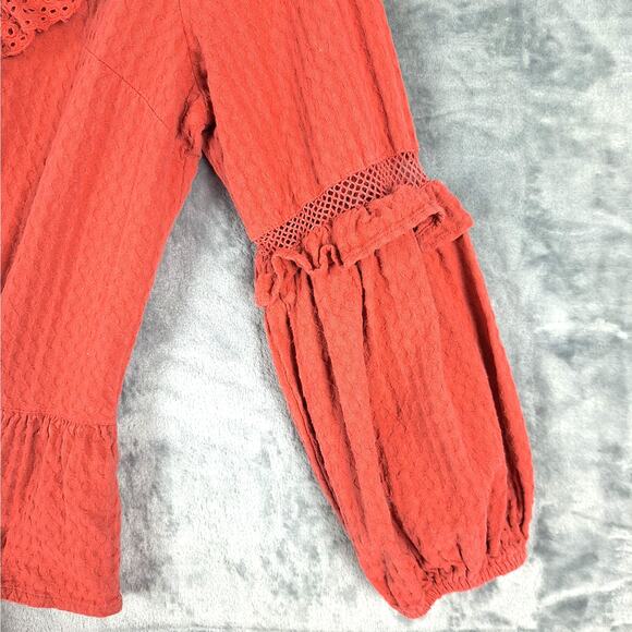 Womens Top Medium Boho Chic Retro Peasant Eyelet Trim Ruffles Feminine Gauzy - Picture 3 of 8